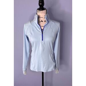 Lululemon Women’s size 6 Pullover 1/2 Zip Light Blue Mesh Jacket Details Thumbho